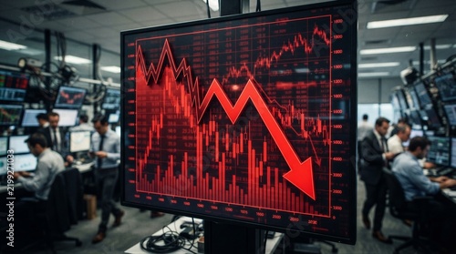 Market screen displaying sharp downward trend in trading room