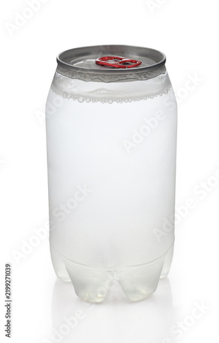 Transparent PET soda can full of fizzy drink isolated on white background