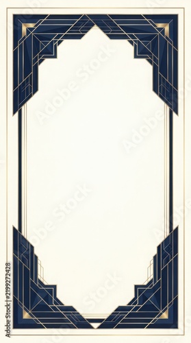 Sophisticated navy blue art deco style geometric border frame with geometric template abstract vertical background invitation