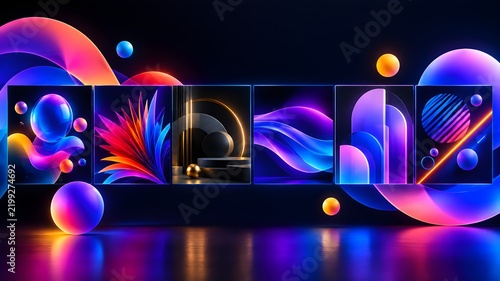 Series of neon abstract art panels featuring fluid shapes and glowing spheres in darkness