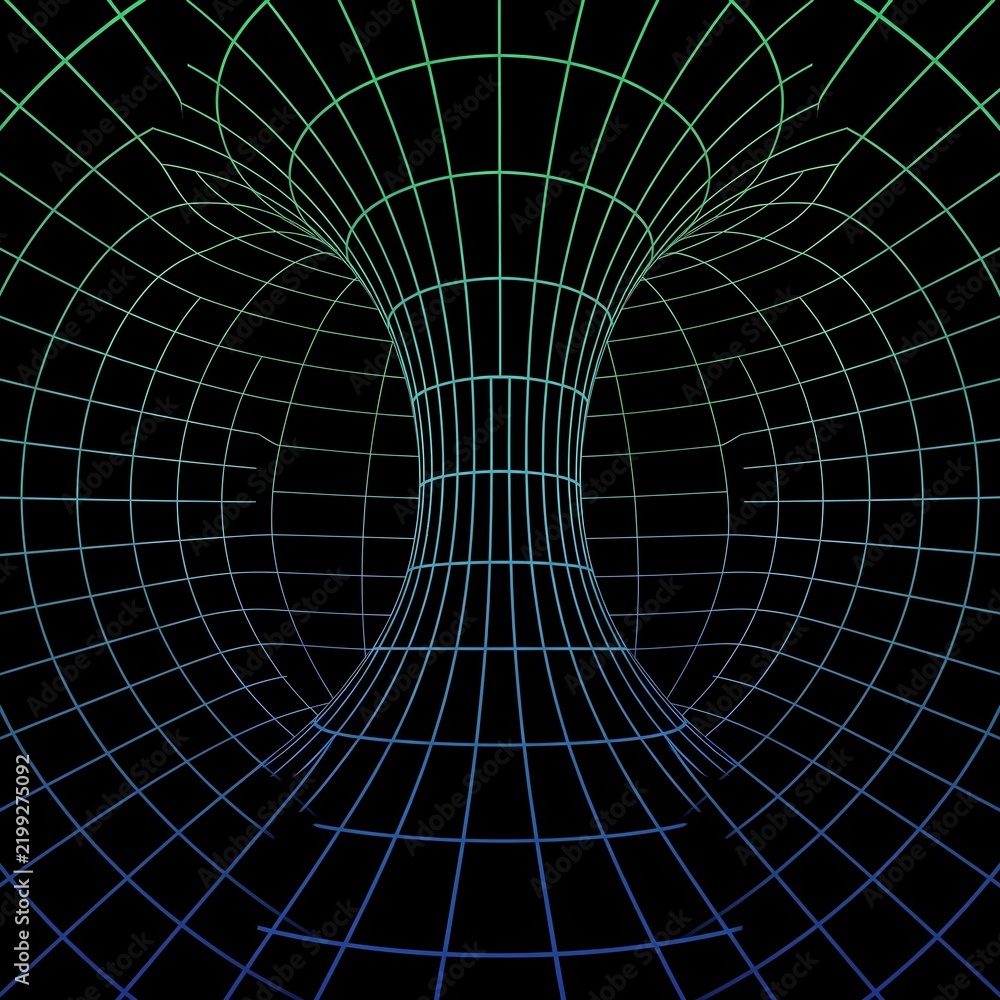 Obraz premium Abstract 3d wireframe torus tunnel with glowing blue to green gradient grid lines