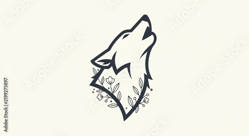 Howling wolf head line art with floral interior details.