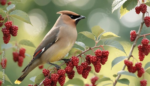 Cedar waxwing bird feeding on bright red berries in lush green foliage with natural sunlight