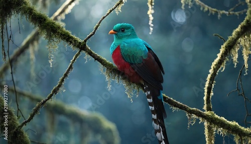Vivid turquoise bird perched on moss-covered branch in dense forest with natural lighting