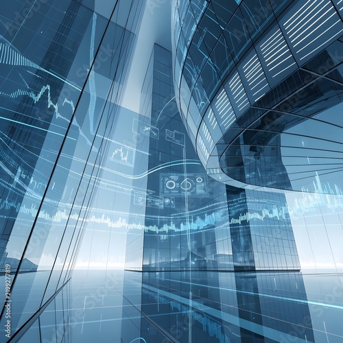Futuristic glass skyscraper architecture with digital financial data overlays and stock market charts