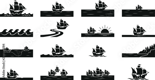 Fotografie Set of black silhouette icons featuring sailing ships, galleons, and caravels on