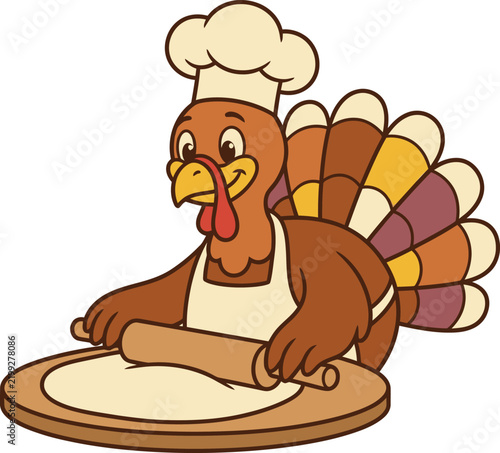 Cute cartoon turkey wearing a chef hat and apron preparing dough for thanksgiving day holiday dinner celebration