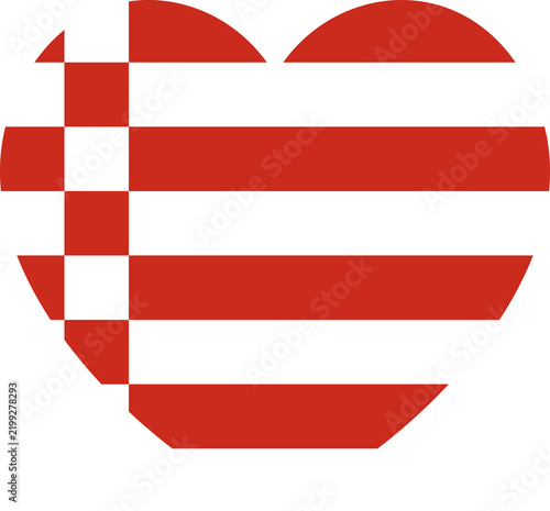 Province of Germany Bremen civil flag button, badge in heart shape. National heart shaped flag symbol, icon, sticker. Flag of region Bremen heart sign, banner, background.