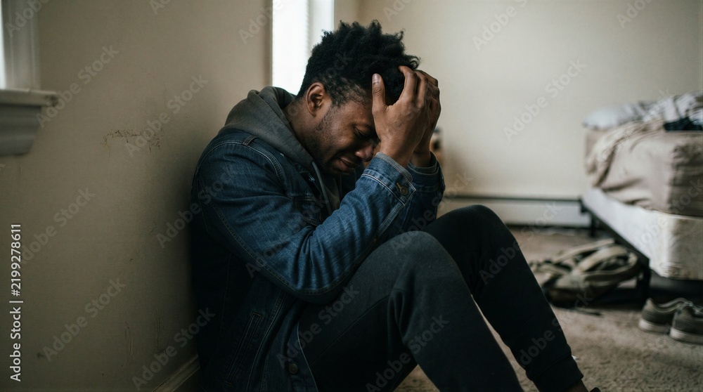 Fototapeta premium Young man clutching head in distress beside bed in messy bedroom