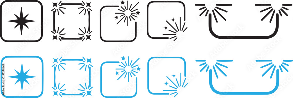 Fototapeta premium Collection of diverse abstract starburst and corner decoration graphic design elements in black and blue isolated on transparent background