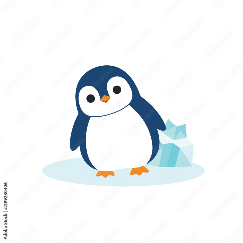 Obraz premium A cute cartoon penguin standing on a patch of ice next to a small iceberg block against a white background.