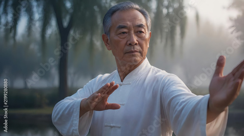 Elderly Man Practicing Tai Chi in a Serene Outdoor Setting