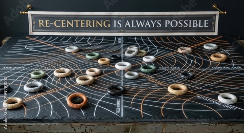 Polished Marble and Stone Rings Arranged on a Strategic Game Board with Abstract Lines