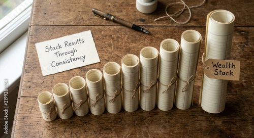 Rolled Ledger Sheets Form Growth Chart on Wooden Desk with Vintage Pen and Inspirational Note