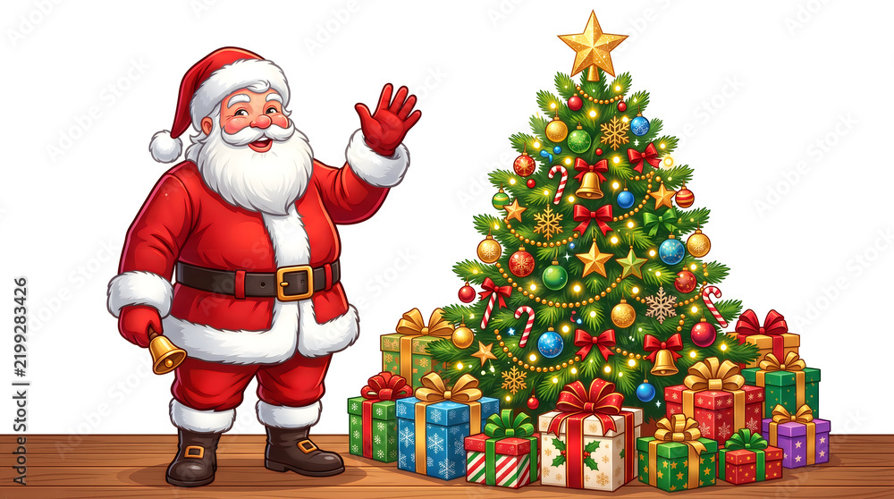 Obraz premium Santa claus waving and holding a bell next to a decorated christmas tree with gifts isolated on white background