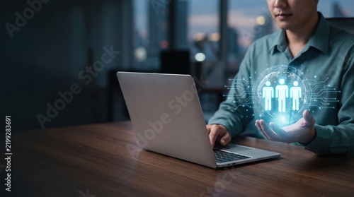 Digital recruitment and talent management concept showing connected people, global workforce networking, human resources technology, online hiring, employee relationships, and business growth.