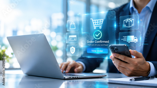 Online shopping order confirmed interface with 3D icons businessman using smartphone and laptop for digital ecommerce payment processing package tracking secure transaction retail technology