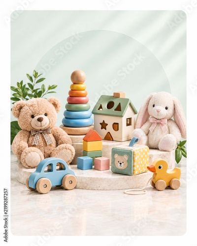 Assorted wooden educational toys and plush animals on a white display stand