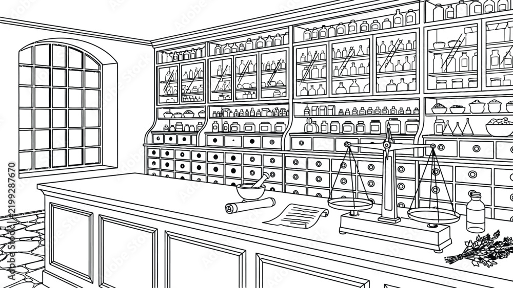Fototapeta premium Vintage pharmacy interior sketch with medicinal glass jars shelves pharmacy scales pestle mortar ingredients counter antique shop apothecary line art design.