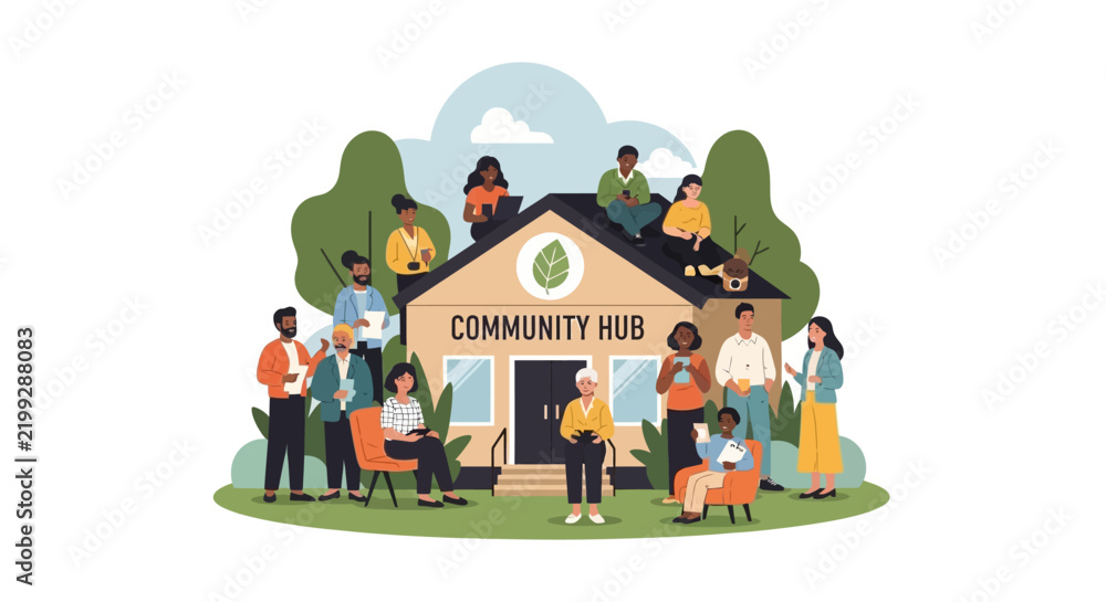 Fototapeta premium Diverse Community Hub Building with People Gathered Around and on Roof, Connection and Unity Concept