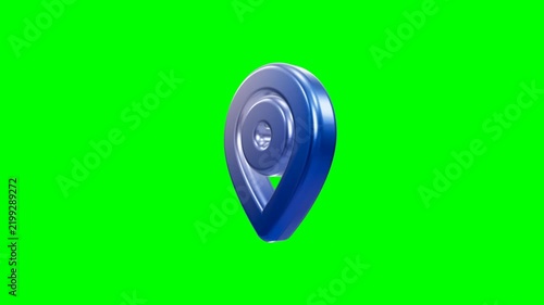 Glossy blue 3D map location pin against green screen background