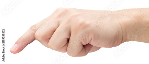 Male hand touching or pointing to something isolated on white background with a clipping path.