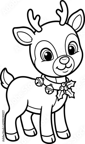 Cute baby Christmas reindeer with bells coloring page for kids
