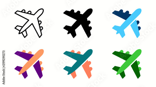 Set of six colorful airplane icons in top view vector illustration with airplane aircraft aviation transport