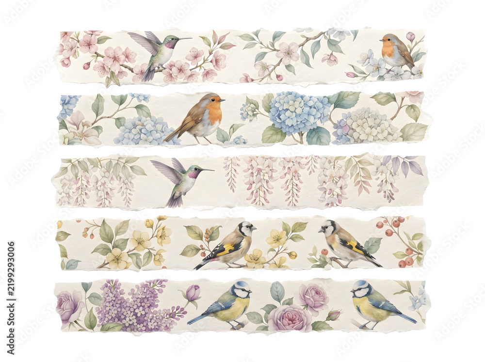 Obraz premium Set of watercolor washi tape strips with birds and flowers isolated on transparent background
