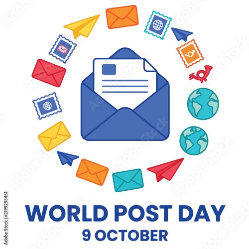 Konstfotografi World Post Day vector illustration with open envelope and international mail sym