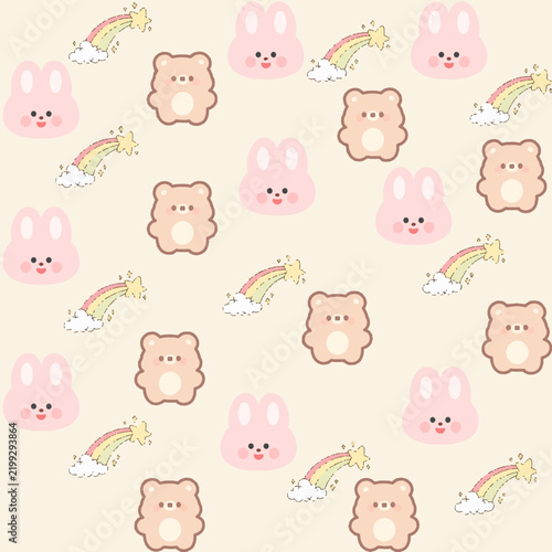 Cute Kawaii Bear and Bunny Seamless Pattern with Pastel Rainbows