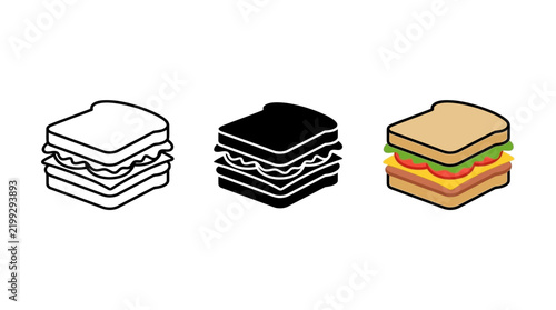 Set of three sandwich icon styles including outline solid black and colorful vector design with sandwich
