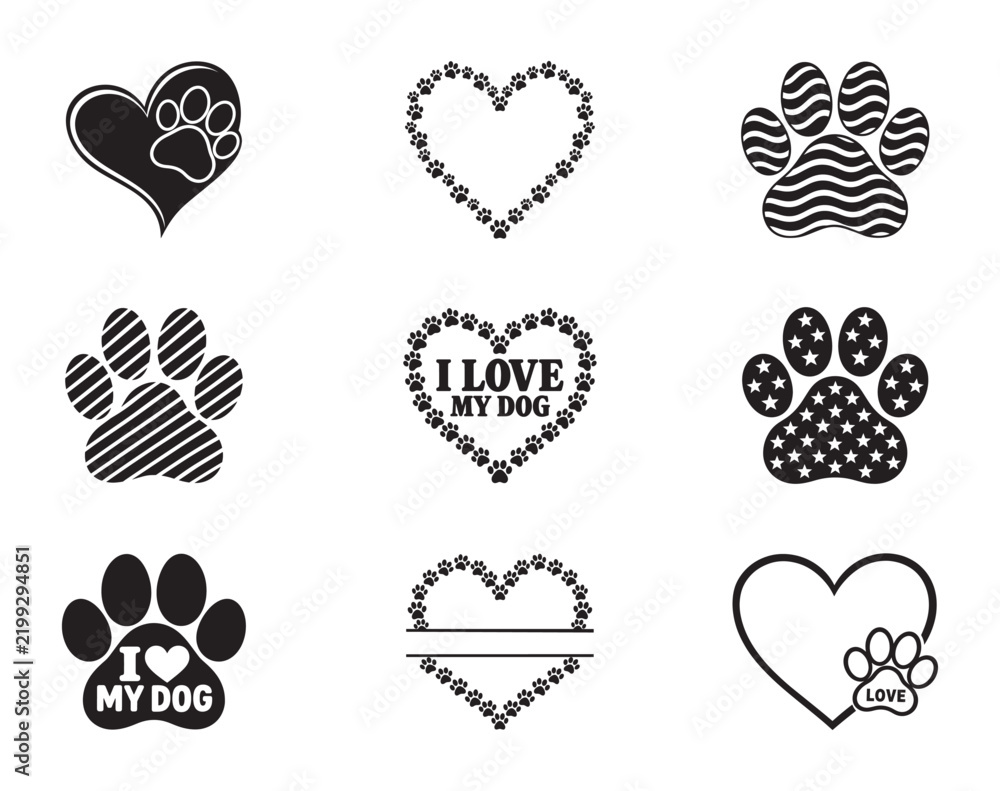 Fototapeta premium Dog Paw Heart Love Silhouette Vector Bundle