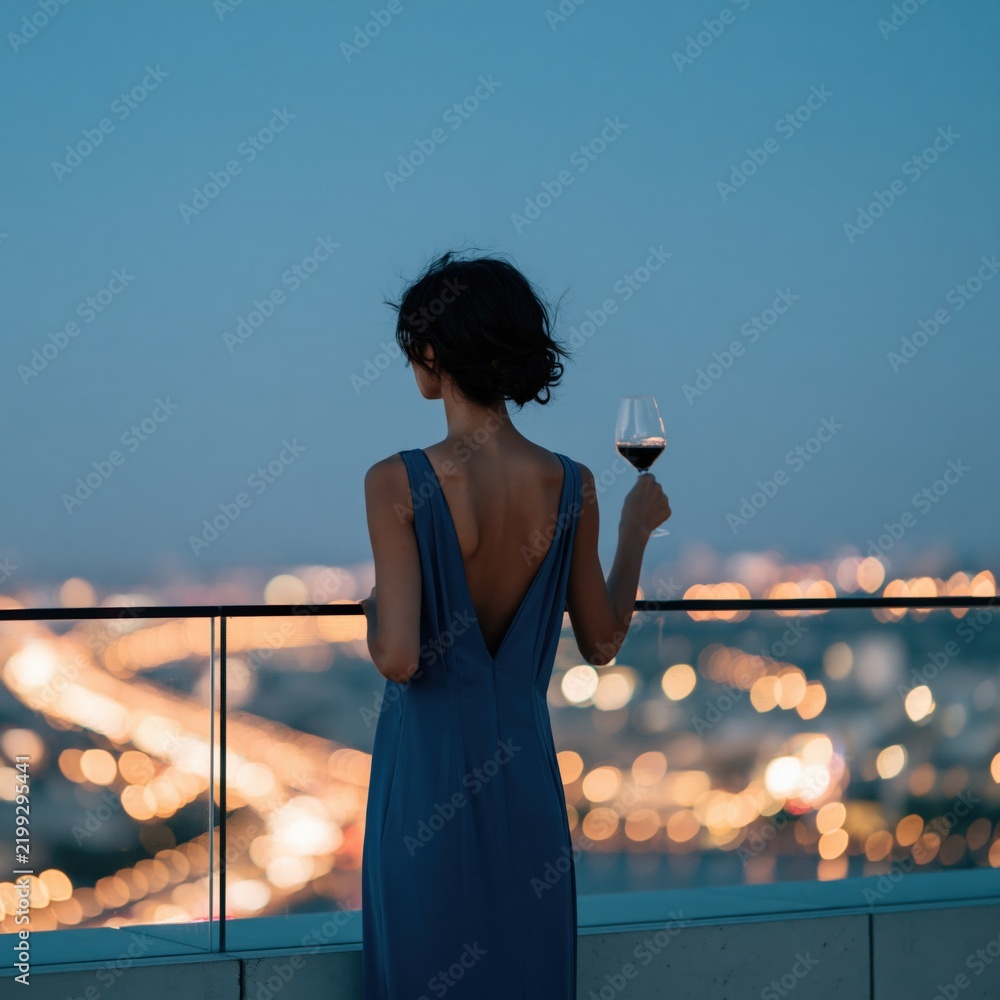Fototapeta premium Woman in backless blue gown holding red wine on rooftop balcony with city lights bokeh for glamorous evening background and poster