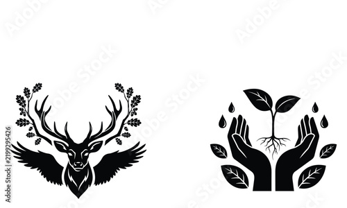 Deer antlers with oak leaves and hands holding a seedling with water drops.