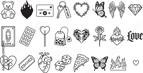 Tattoo flash sheet, collection of black and white line icons on a white background
