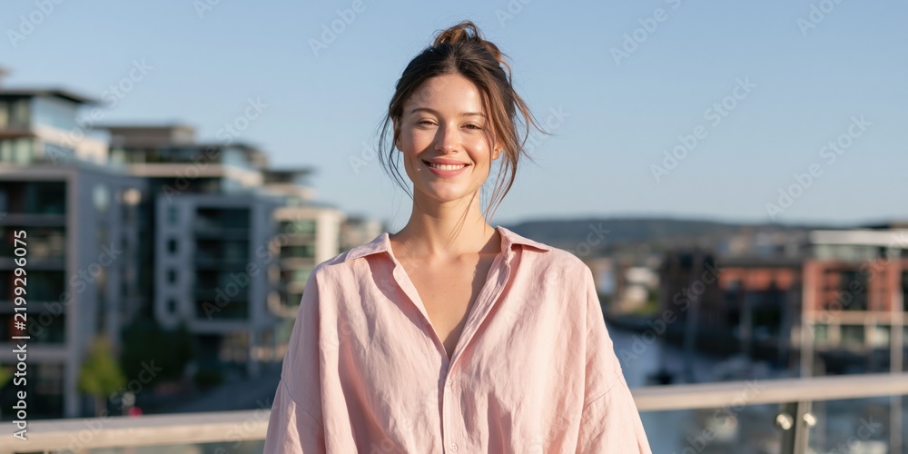 Fototapeta premium Woman in light pink shirt on balcony overlooking city for lifestyle portrait banner and warm urban background design