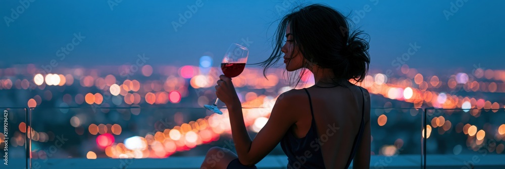 Fototapeta premium Woman sitting on a rooftop holding a wine glass with city bokeh at dusk for cinematic evening background and romantic lifestyle design