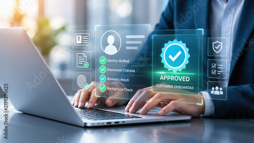 Digital identity verification and customer onboarding process with 3D icons professional using laptop with secure authentication interface biometric check compliance security technology business