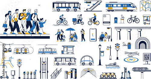 Urban transportation and commuter icon set, flat public transit