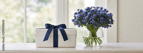 Elegant gift box and vibrant blue flower bouquet in glass vase at home