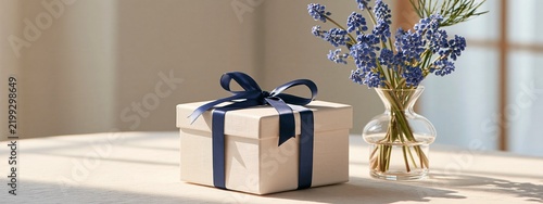 Wrapped gift box and blue grape hyacinth flowers on a table interior
