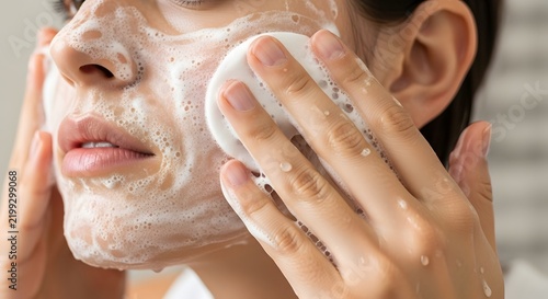 Close-up of a person's face covered in white foam, gently cleansing their skin with a round pad during a daily skincare routine.