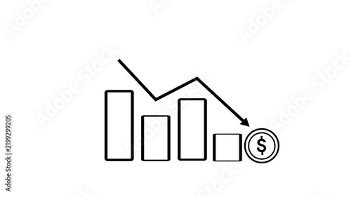 Business loss falling down dollar icon. on whait backround.Money symbol with down arrow icon animation.4k video