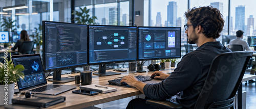 Software developer working on complex coding projects with multi monitor setup data visualization and web application architecture professional programming workspace digital technology backend