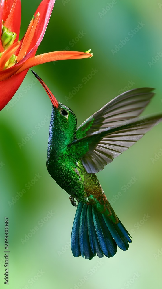 Fototapeta premium Green hummingbird hovering near red tropical flower in garden