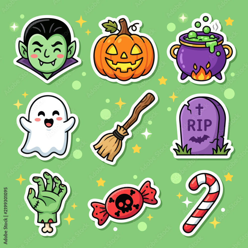 Fototapeta premium Kawaii Halloween sticker collection vector set with cute vampire, ghost, pumpkin, witch broom, gravestone, candy, and zombie hand