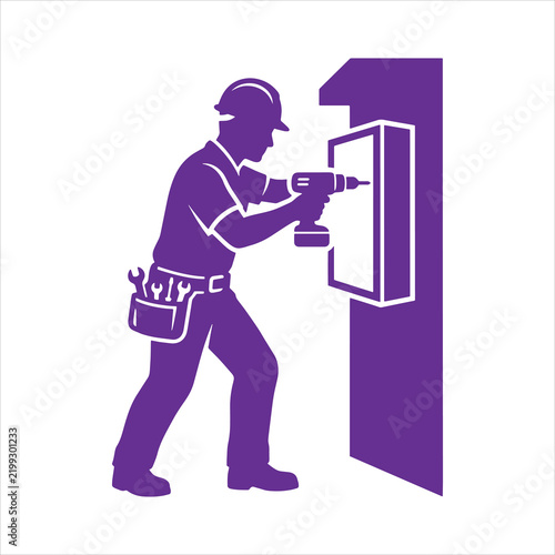 Electrician using power drill to install wall mounted electrical panel box vector illustration   