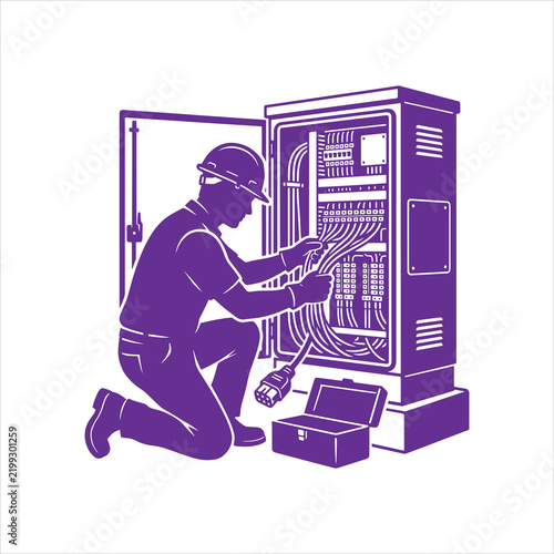 Electrician kneeling while repairing wires in open distribution box vector illustration   
