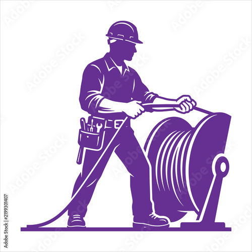Electrician lineman pulling heavy cable wire reel vector illustration   
